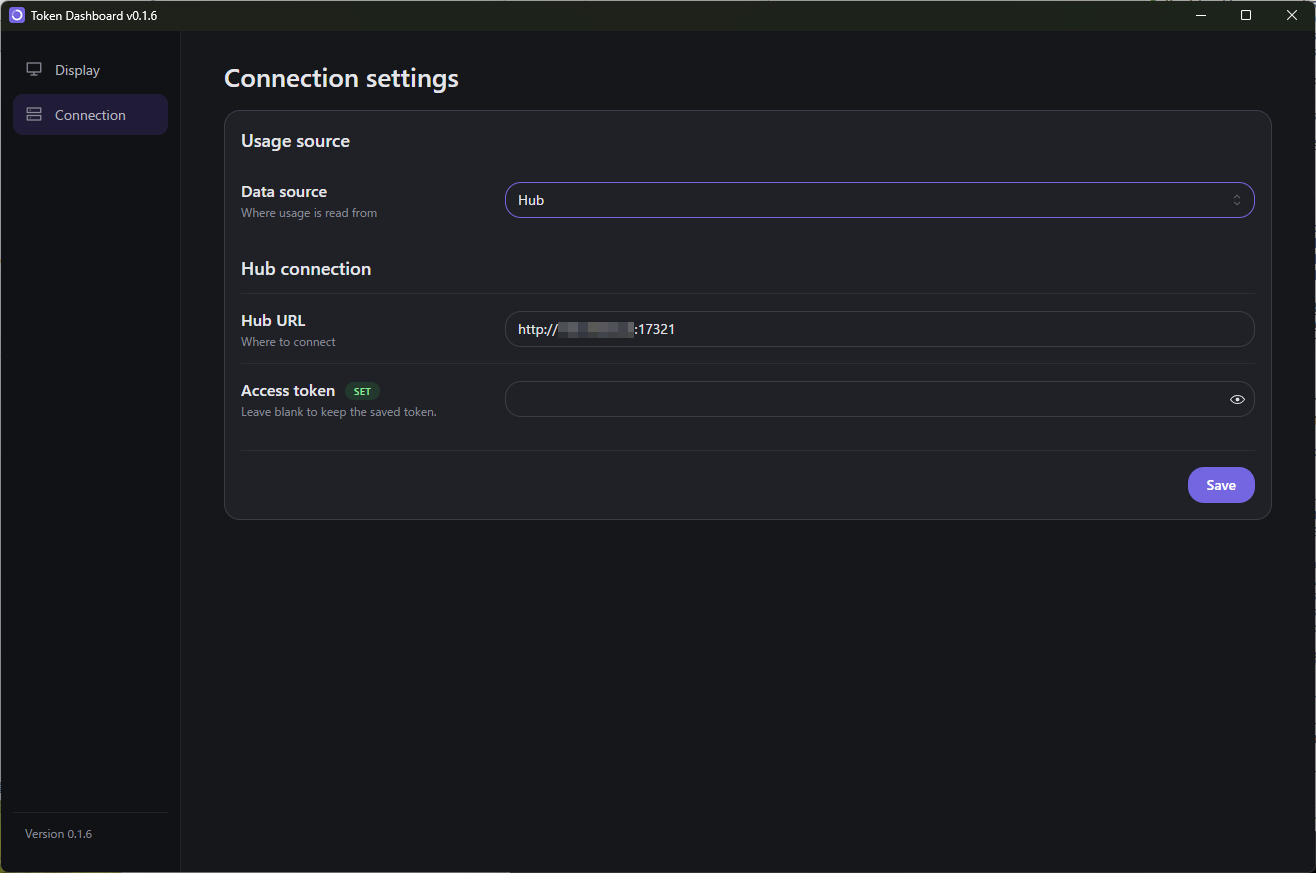 Token Dashboard の Connection 画面。Data source に Hub が選ばれ、Hub URL と Access token の入力欄がある
